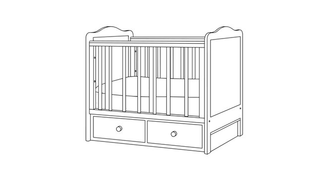 Black and white line drawing of a wooden baby crib with drawers at the bottom and a mattress inside for nursery furniture designs.
