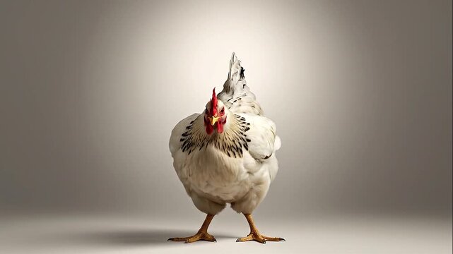 Fluffy white chicken with red comb standing alone