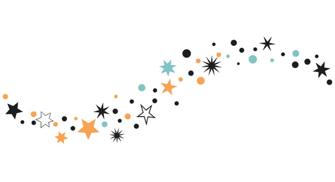 Magical star trail waves across a white background with a mix of colorful stars and dots for a dreamy and celebratory graphic.