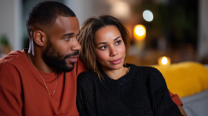 Fototapeta premium Mixed-race couple sitting together on couch discussing emotional struggles, modest living room, candlelight warmth, intimate and vulnerable mood