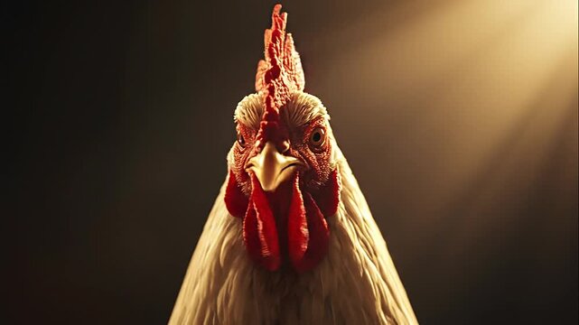 Close-up of a rooster's head, illuminated dramatically