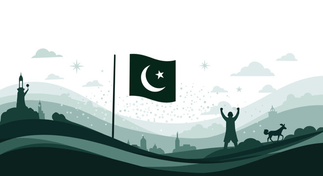 Pakistan independence day celebration scene with national flag over green mountains and people cheering in the landscape.