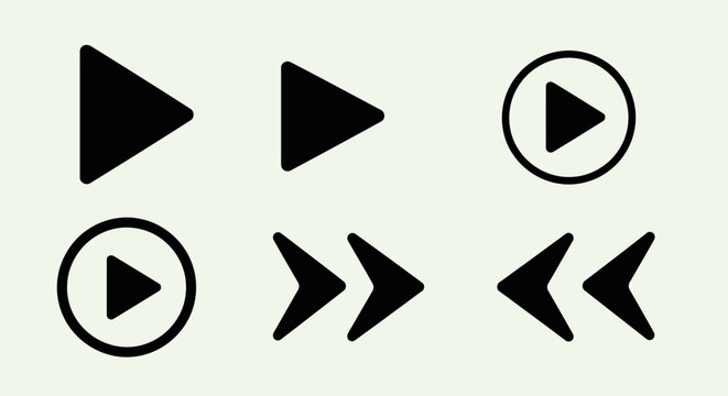 Set of Black Playback Control Icons for Media Player on Bright Studio Background, Play Fast Forward and Rewind Arrow Symbols, User Interface Navigation Buttons