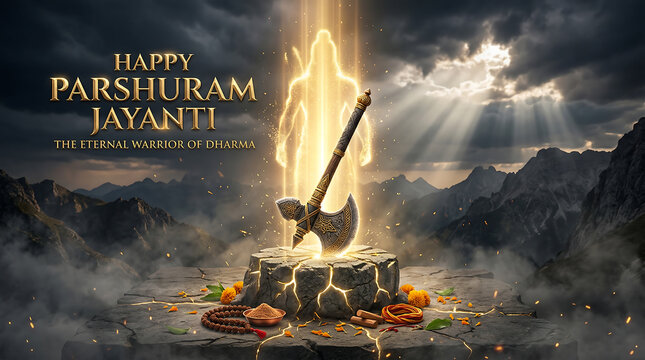 Parshuram jayanti celebration with axe on fire stone pedestal mountains background