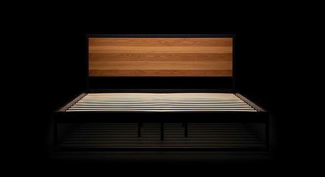 Modern bed frame with wooden headboard against a black background