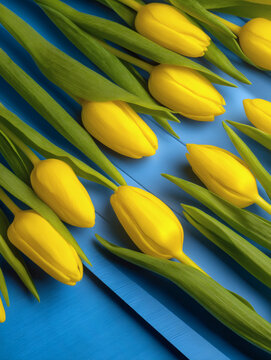 lay of tulip stems aligned parallel on a blue background, creating geometric repetition and visual rhythm, with copy space left intentionally for text placement. tulip, stems, aligned, parallel, 