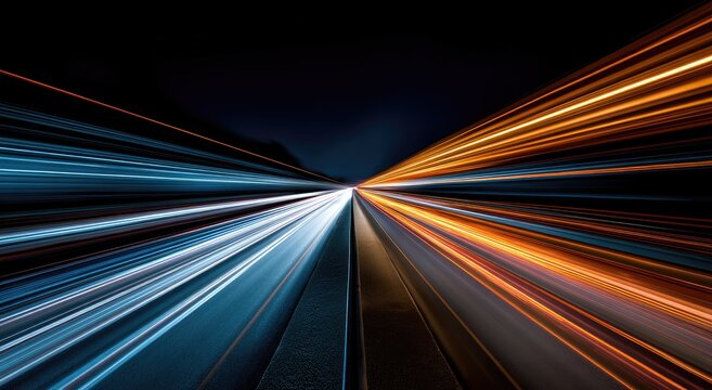 Streaking lights on a dark road converge into a vanishing point