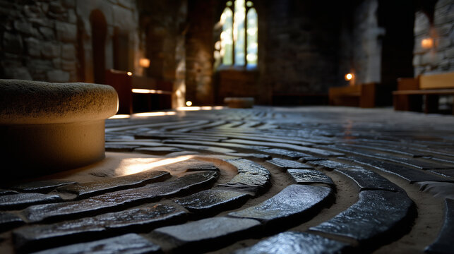 Barefoot pilgrims walk labyrinth pattern inlaid in ancient abbey floor, single shaft of light from clerestory window illuminates center point, worn stones show centuries of footste