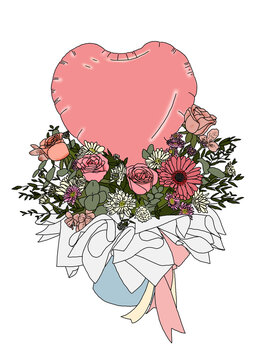 Beautiful bloom box containing pink roses, gerbera, daisies, astromelia, parvifolia leaves and eucalyptus leaves combined with pink heart balloons