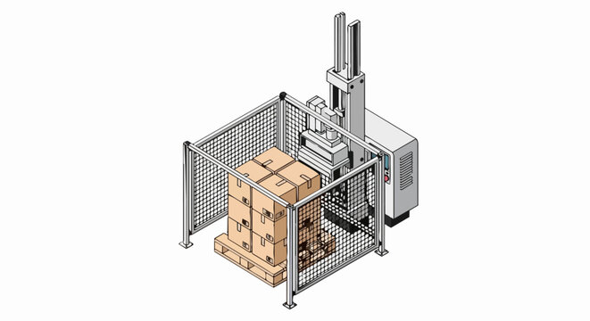 Isometric 3D Automated Palletizing Machine with Cardboard Boxes in Safety Enclosure for Industrial Logistics and Warehouse Automation