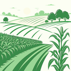 A serene landscape depicts rolling green fields and lush crops under a bright stylized sun evoking a peaceful rural scene high quality © shahin11