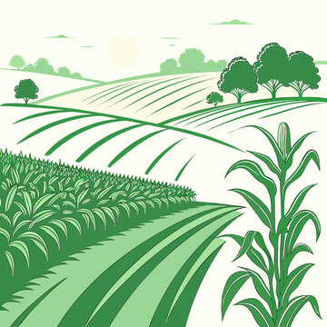 A serene landscape depicts rolling green fields and lush crops under a bright stylized sun evoking a peaceful rural scene high quality