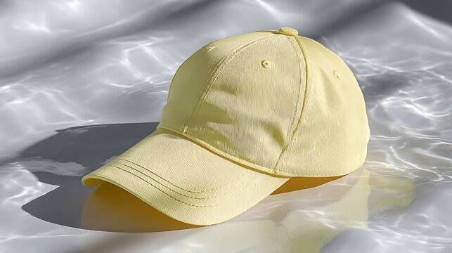 Pale yellow baseball cap resting on a rippling water surface