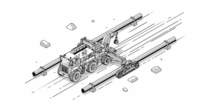 Isometric Line Art Illustration of a Heavy Duty Pipelayer Machine on a Pipeline Construction Site