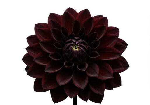 A mesmerizing, highly detailed macro view of a surreal dark chrome red dahlia flower, dramatically isolated on a stark white background, crimson, high contrast, abstract