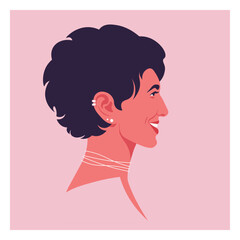 Modern flat vector portrait of a happy woman in profile view. She features short curly dark hair, ear piercings. Authentic beauty, female empowerment, trendy lifestyle, fashion, UI and UX user avatars