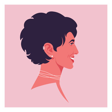 Modern flat vector portrait of a happy woman in profile view. She features short curly dark hair, ear piercings. Authentic beauty, female empowerment, trendy lifestyle, fashion, UI and UX user avatars