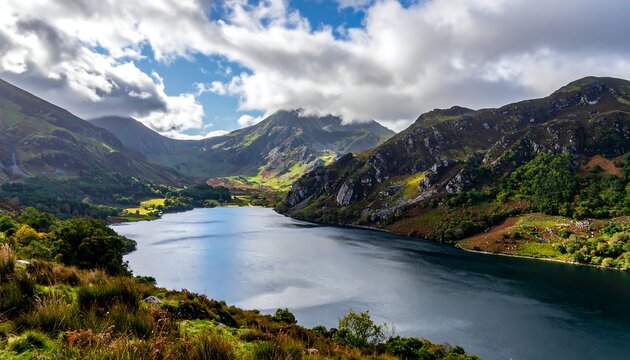 Scenic valley lake with dramatic mountains and cloudy sky, lush greens and varied terrain