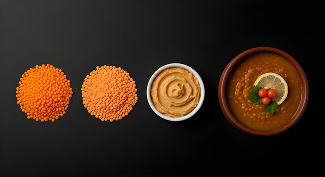 Variety of red and yellow lentils with hummus and stew in bowls on black background
