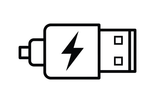 Black and white line drawing of a USB flash drive with a lightning bolt symbol, isolated on a white background, representing technology and data transfer.