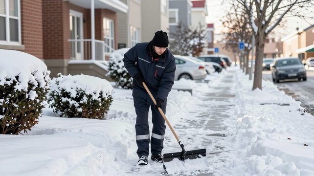 Worker Clearing Snow from Sidewalk