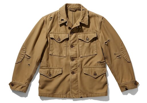 A brown jacket with multiple pockets and buckles