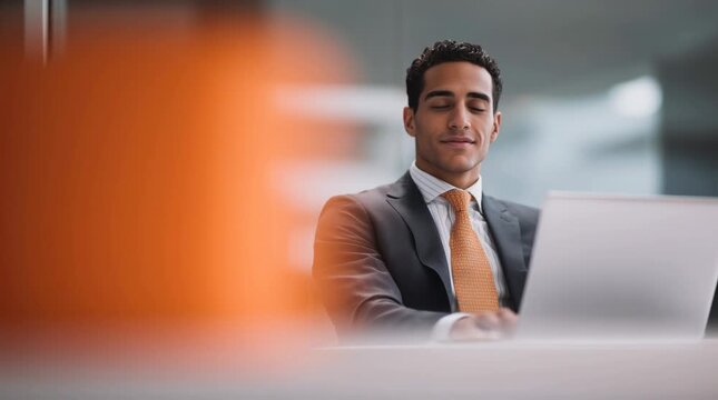A young Middle-Eastern man with dark hair and a suit sits at a desk with a laptop. He smiles confidently, with an orange object blurred in the foreground.
