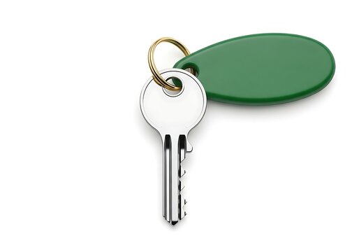 A green key fob with a metal key attached to it