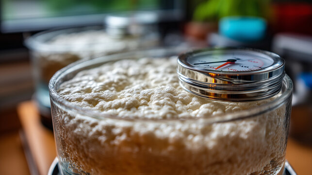Close-up of fermenting koji rice covered in white mold bloom inside glass container with condensation droplets and temperature gauge visible, ideal for fermentation science, artisa
