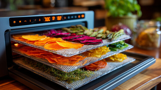 Dehydrator trays filled with thinly sliced vegetables and fruit leather in minimalist kitchen with timer display and mesh screens visible, perfect for raw food preparation, nutrien