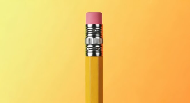 Sharp yellow wooden writing instrument featuring a metallic ferrule holding a circular pink correction rubber, creative, correction, stationery