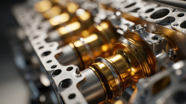 Close up of golden camshaft and metal engine parts with detailed mechanical components in vehicle engine system