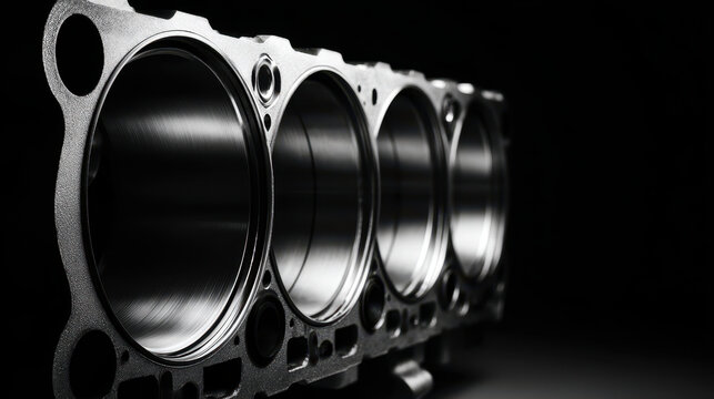 Engine cylinder block close up with smooth metal surface and circular openings, showcasing mechanical precision and industrial design monochrome