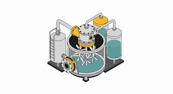 Isometric Industrial Chemical Reactor and Mixing System with Storage Tanks and Pipes for Pharmaceutical or Chemical Processing