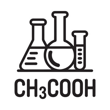 Line art illustration of chemistry glassware and acetic acid formula