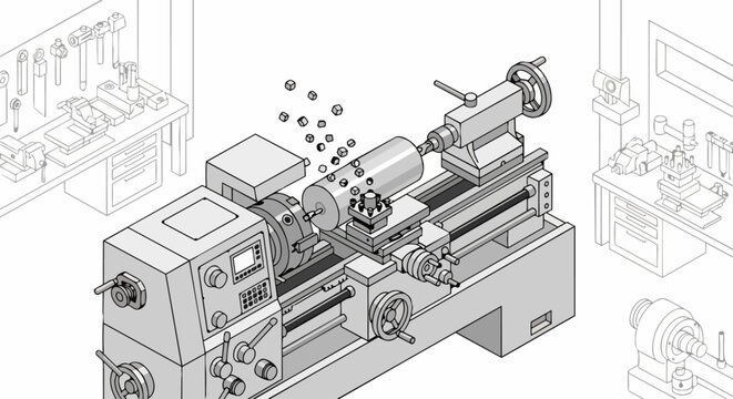 Isometric Illustration of an Industrial Lathe Machine in a Metalworking Workshop with Tools and Equipment