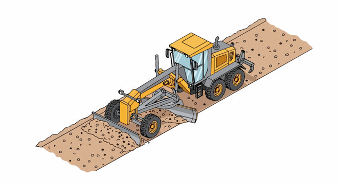 Isometric Yellow Motor Grader Leveling Soil on Road Construction Site