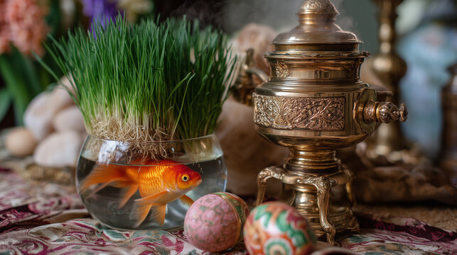 Ornate brass samovar steaming on haft-sin table, goldfish swimming in crystal bowl, sprouted wheat grass, hyacinth blooms, painted eggs arranged on silk cloth, perfect for Persian