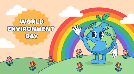 Fototapeta premium Cartoon Earth character waving under a rainbow to celebrate World Environment Day with a bright sun, clouds, and colorful flowers