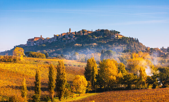 Montepulciano ancient town on hill in rural Tuscany, Italy.
