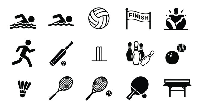 Black silhouette sports icons set volleyball swimming running cricket bowling badminton and more