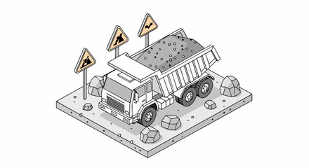 Fototapeta premium Isometric Heavy Duty Tipper Dump Truck Loaded with Soil and Gravel at Construction Site with Road Signs, 3D Line Art Illustration for Industrial Logistics and Civil Engineering