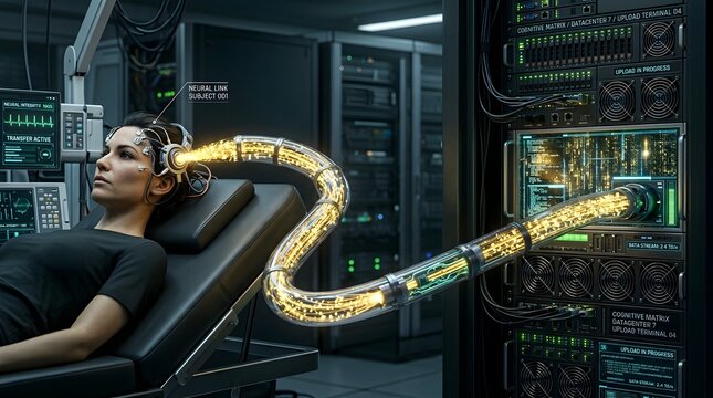 Programmer technician feeding a glowing data cable into a server array