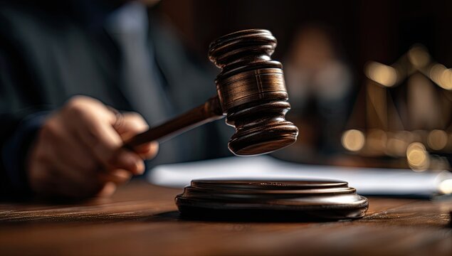 Judge presiding over legal proceedings with gavel and scales of justice