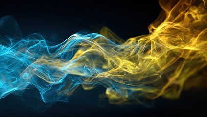 Fototapeta premium Ethereal blue and golden wisps of smoke dance, merging on a dark background
