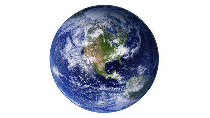 Isolated realistic detailed Earth planet showing North and South America with swirling clouds © Aliona