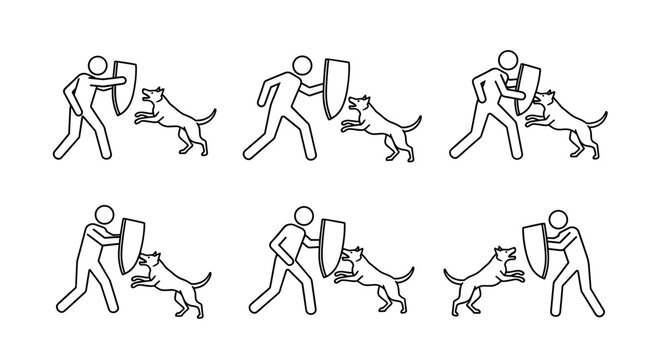 Dog training sequence showing protective bite work handler in protective suit dog lunging with shield detailed action