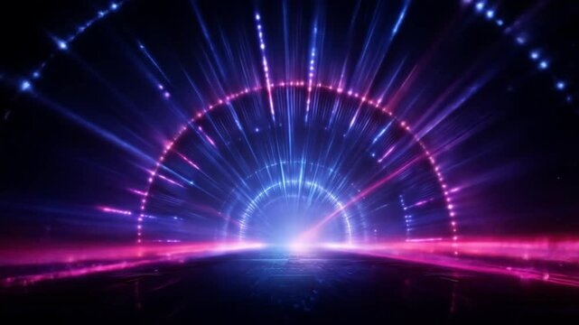 Dynamic futuristic neon light tunnel background with glowing blue and pink rays creating an abstract digital portal effect.
