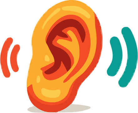 A colorful, minimalist illustration of an anatomical ear with sound waves on either side against a pure white background