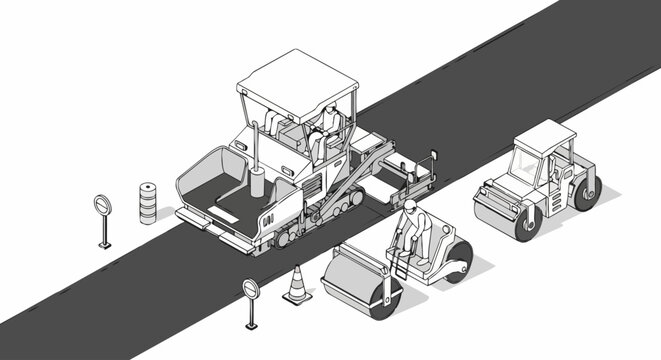 Isometric Road Construction Illustration, Heavy Machinery Paving Asphalt Line Art Vector